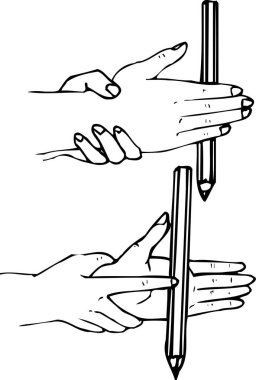 Elleri ve kalemleri olan siyah ve beyaz çizimler