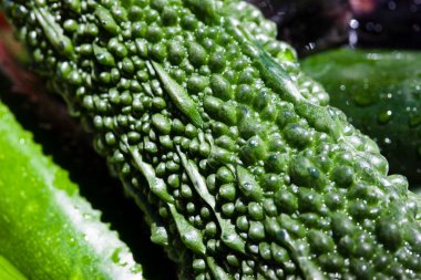 taze organik acı kavunlar ahşap masada.