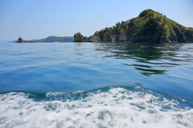 Yeşil dağları olan deniz kıyısı 