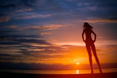 Sahilde bir kadının silueti.