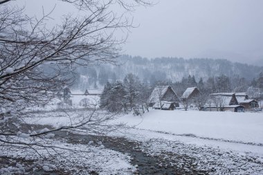 Shirakawago 'nun Japonya' daki kış sezonundaki güzel manzarası. unesco Dünya Mirası