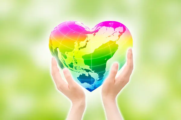 heart in hands of a world map, 3d rendering