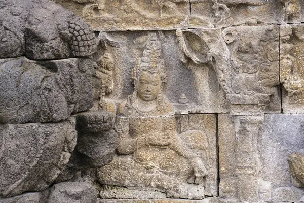 Baixo Relevo Pedra Templo Budista Borobudur Magelang Regency Perto Cidade — Fotografia de Stock