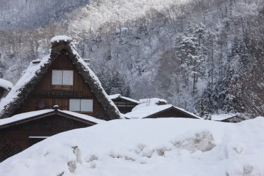 Shirakawago 'nun Japonya' daki kış sezonundaki güzel manzarası. unesco Dünya Mirası