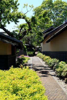 Eski binaların Asya tarzında sergilendiği bir sokak manzarası.