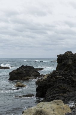Kayalık kıyıları ve uçurumları olan güzel bir deniz manzarası                