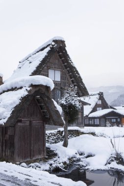Shirakawago 'nun Japonya' daki kış sezonundaki güzel manzarası. unesco Dünya Mirası
