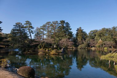 Güzel gölü ve ağaçları olan Japon parkının manzarası.                