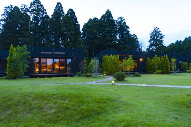 Akşamları yeşil çimenli modern kır evleri.