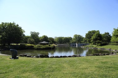 Güneşli bir günde sakin göleti ve yeşil ağaçları olan güzel şehir parkı manzarası.