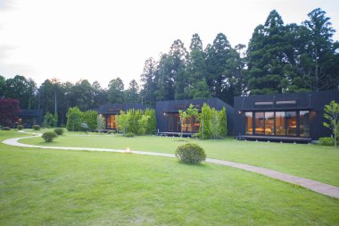 Akşamları yeşil çimenli modern kır evleri.