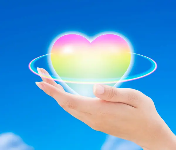 Manos Sosteniendo Corazón Con Arco Iris Cielo —  Fotos de Stock