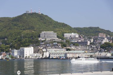 Yeşil tepenin yakınındaki rıhtımdan geçen beyaz feribot.