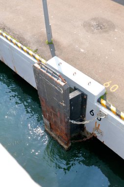 Deniz trafik iskelesi çamurluğu. Rıhtımlara, rıhtımlara ve rıhtımlara demirleme sırasında gemilerin ve teknelerin etkisini emmek için koruyucu cihaz yerleştirildi.