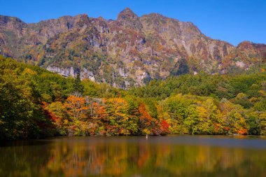 Gölü sonbahar manzarası, parlak ağaçlar ve dağlar. 