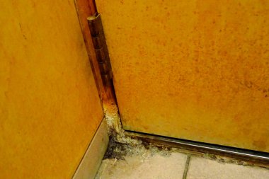 Kirli banyo köşesi paslı menteşenin yanında küfün büyüdüğünü gösteriyor.