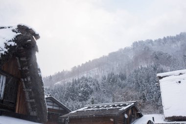 Shirakawago 'nun Japonya' daki kış sezonundaki güzel manzarası. unesco Dünya Mirası