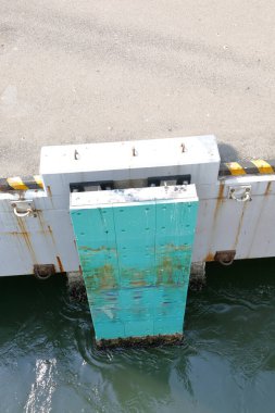 Deniz trafik iskelesi çamurluğu. Rıhtımlara, rıhtımlara ve rıhtımlara demirleme sırasında gemilerin ve teknelerin etkisini emmek için koruyucu cihaz yerleştirildi.