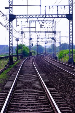 Yeşil kırsal alanda uzanan kıvrımlı demiryolu rayları