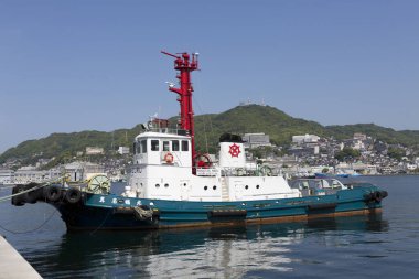 Rıhtımın yakınında yeşil tepeli renkli bir römorkör.