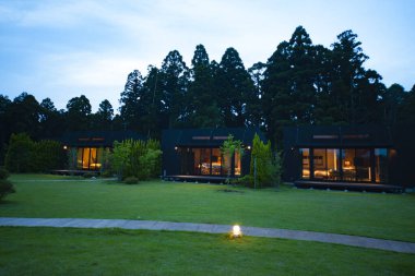 Akşamları yeşil çimenli, modern kır evi.