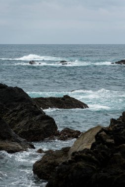 Kayalık kıyıları ve uçurumları olan güzel bir deniz manzarası                