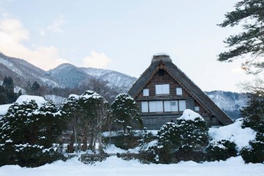 Shirakawago 'nun Japonya' daki kış sezonundaki güzel manzarası. unesco Dünya Mirası