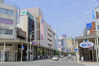 Japonya 'da şehir merkezinde. Şehir binaları ve arabalı yollar  