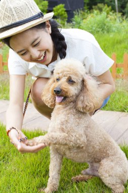 Güzel, genç Asyalı bir kadının şirin köpeğiyle portresi.