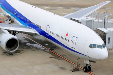 Tokyo Uluslararası Havaalanı olarak da bilinen Haneda Havaalanı Terminali 1 'deki yolcu uçağı. Japonya 