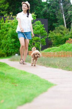 Mutlu Asyalı kadın yaz parkında köpeğini gezdiriyor. 
