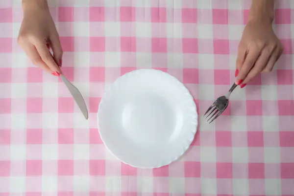 Top View Female Hands Holding Fork Knife White Empty Plate — Stock Photo, Image