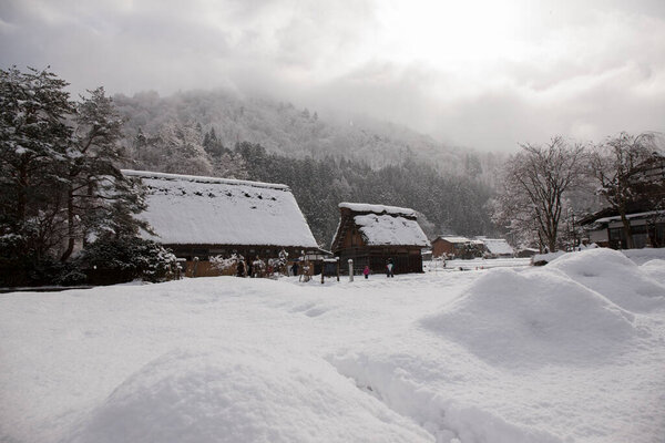 Traditional Japanese Shirakawa village during winter season in Japan. Unesco world heritage
