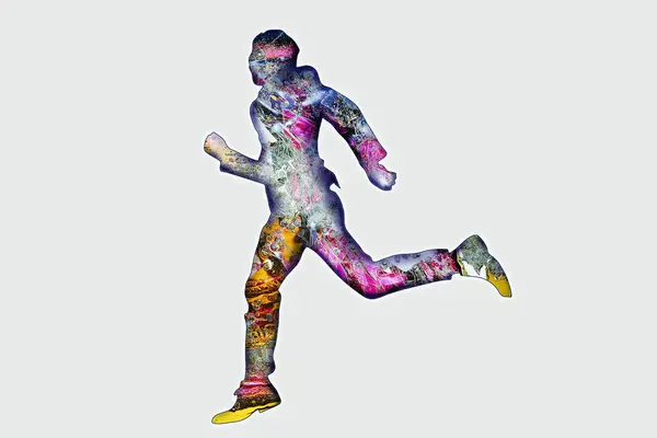 Rendering Von Running Man Digital Composite Silhouette Auf Grauem Hintergrund — Stockfoto
