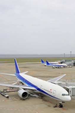 Tokyo Uluslararası Havaalanı olarak da bilinen Haneda Havaalanı Terminali 1 'deki yolcu uçakları. Japonya 