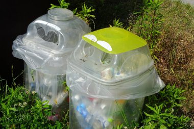 İki taşan plastik geri dönüşüm kutusu dışarıda yeşil çimlerin arasında duruyor.