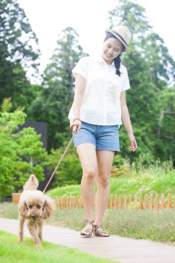 Mutlu Asyalı kadın yaz parkında köpeğini gezdiriyor. 