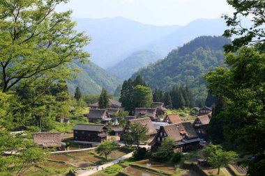 Shirakawa-go 'nun tarihi köyleri ve Gokayama, UNESCO' nun Japonya 'daki dünya mirası. Eski geleneksel Japon evleri ve pirinç tarlaları 