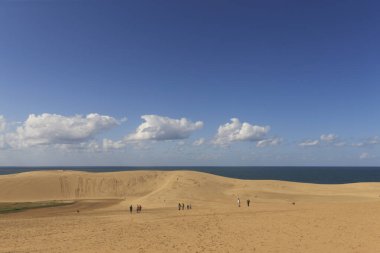 Güneşli bir günde kumlu tepeler ve sakin deniz