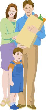 Ailenin fotoğraf makinesinde poz verdiğinin yaratıcı renkli çizimi, babanın elinde yiyecek dolu kağıt paketi. 