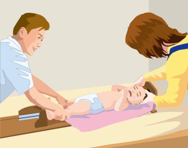 Ağlayan bir bebeği inceleyen veya ölçen iki yetişkinin renkli bir çizimi..