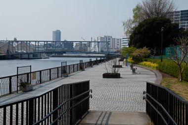 Japon mimarisinin gündüz görüşü. Japonya 'da modern şehir manzarası