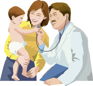Doktorun bebeği muayene ettiği karikatür çizimi. 