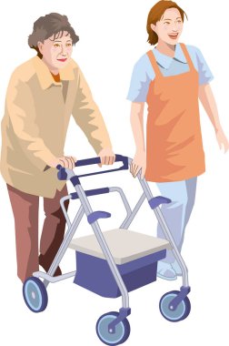 Yaşlı kadın, bakıcı kadının yanında yürüteç kullanıyor.