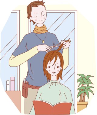 Kuaförde bir kız, saçını kesen bir kuaför. 