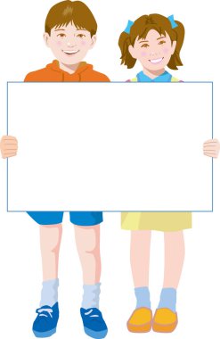 Mutlu bir oğlan ve boş beyaz tabelalı bir kız.