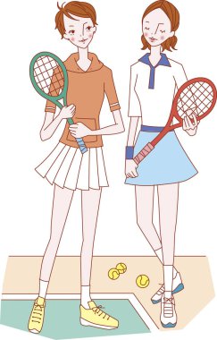 Raketlerini tutan iki bayan tenisçinin renkli bir çizimi..