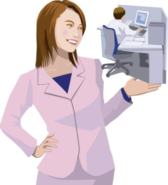 Genç iş kadını iş yerini gösteriyor. 