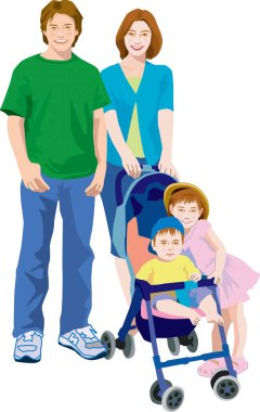 Gülümseyen aile bebek arabasının etrafında yan yana durur.