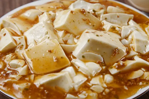 Spicy Tofu Cheese Sauce Bowl Closeup — Stock Photo, Image